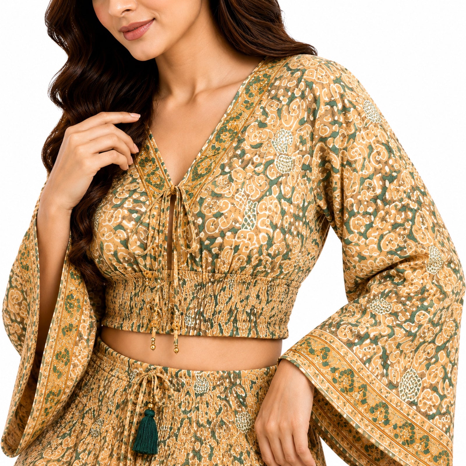 Women's Bohemian Chic Mustard Yellow Floral Flare-Sleeve Crop Top and Maxi Skirt Set