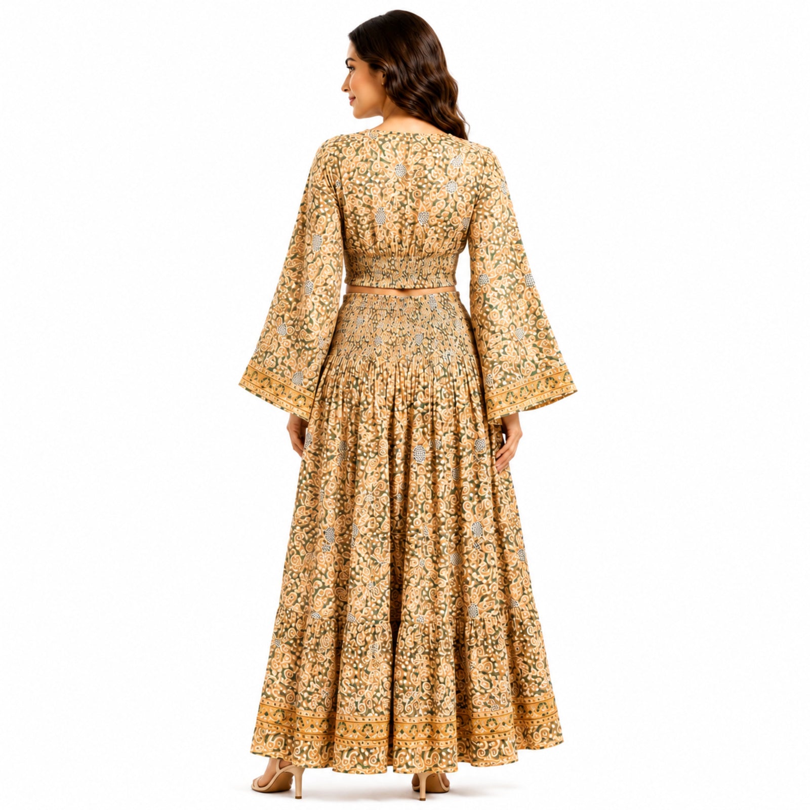 Women's Bohemian Chic Mustard Yellow Floral Flare-Sleeve Crop Top and Maxi Skirt Set