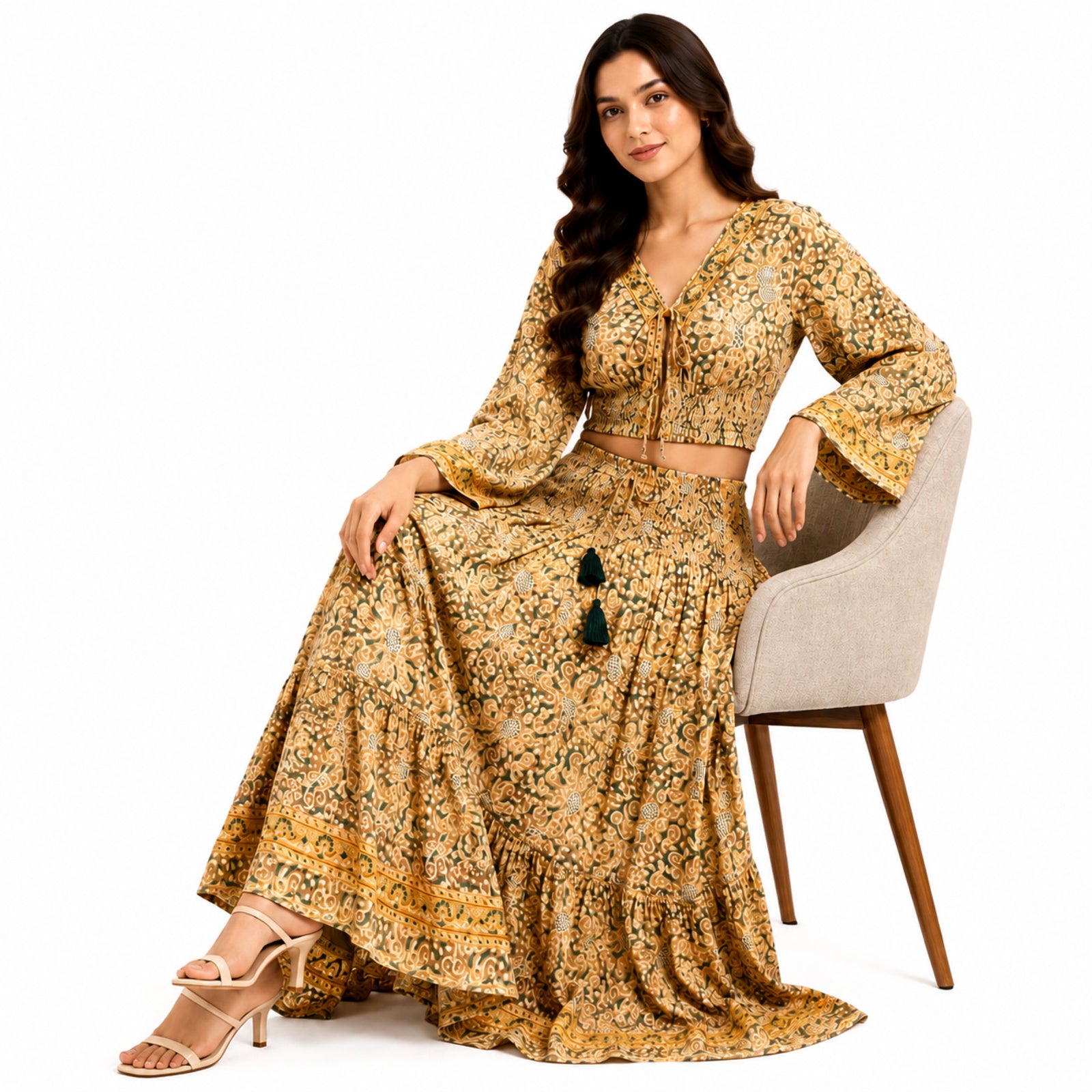 Women's Bohemian Chic Mustard Yellow Floral Flare-Sleeve Crop Top and Maxi Skirt Set