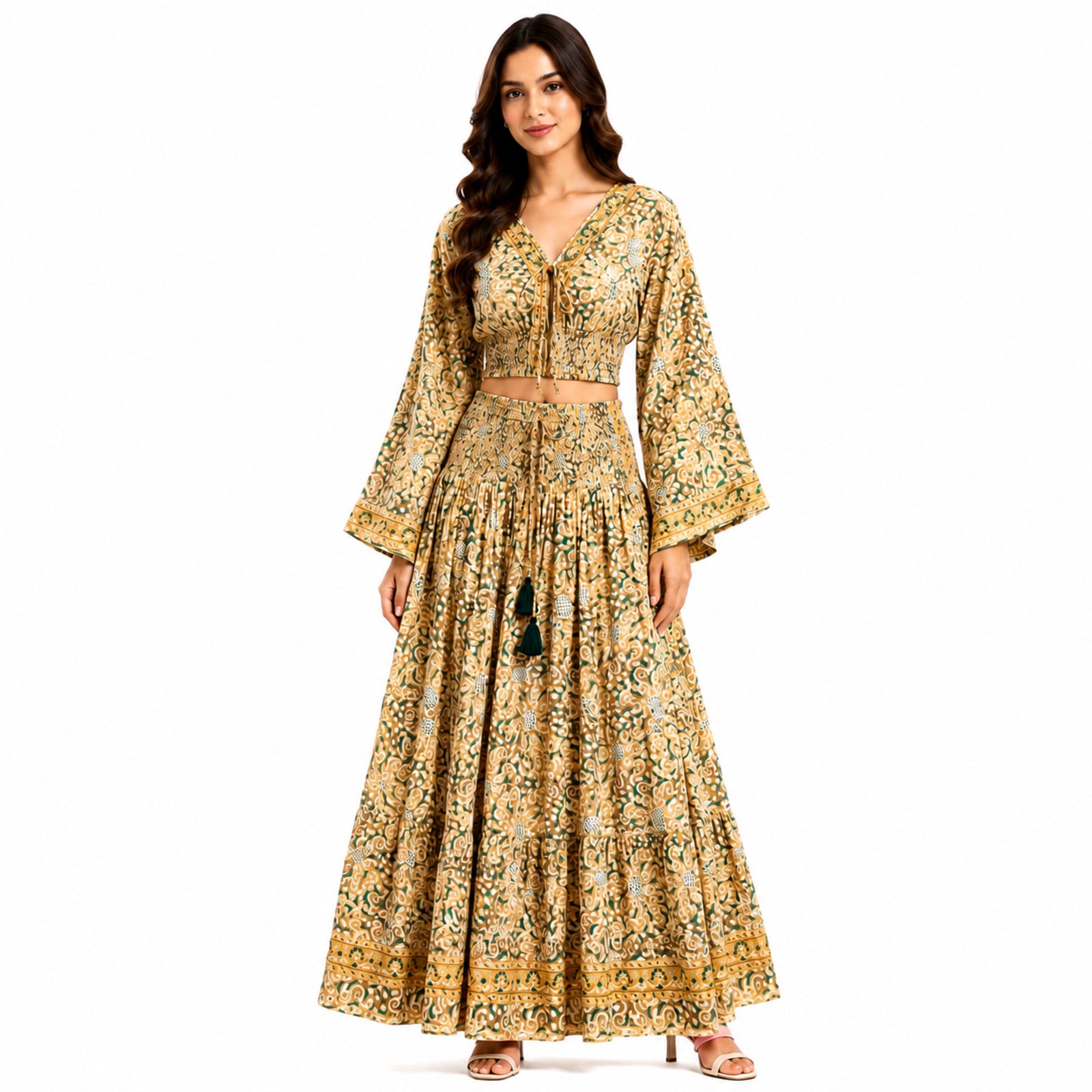 Women's Bohemian Chic Mustard Yellow Floral Flare-Sleeve Crop Top and Maxi Skirt Set
