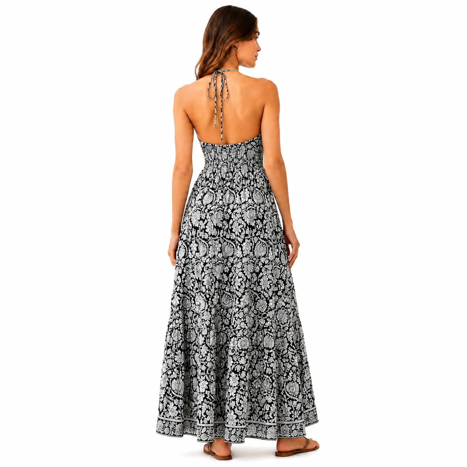 Women's Black Floral Paisley Halter Neck Smocked Maxi Dress | Flowy Resort Wear Dress