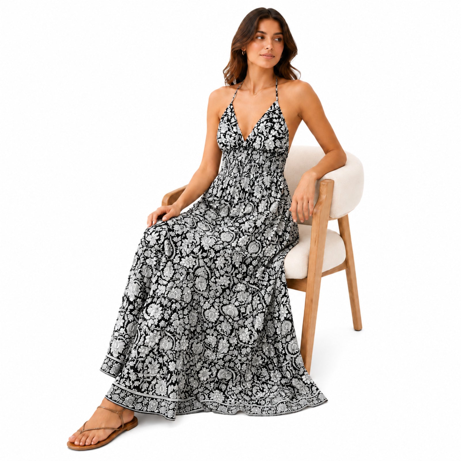 Women's Black Floral Paisley Halter Neck Smocked Maxi Dress | Flowy Resort Wear Dress