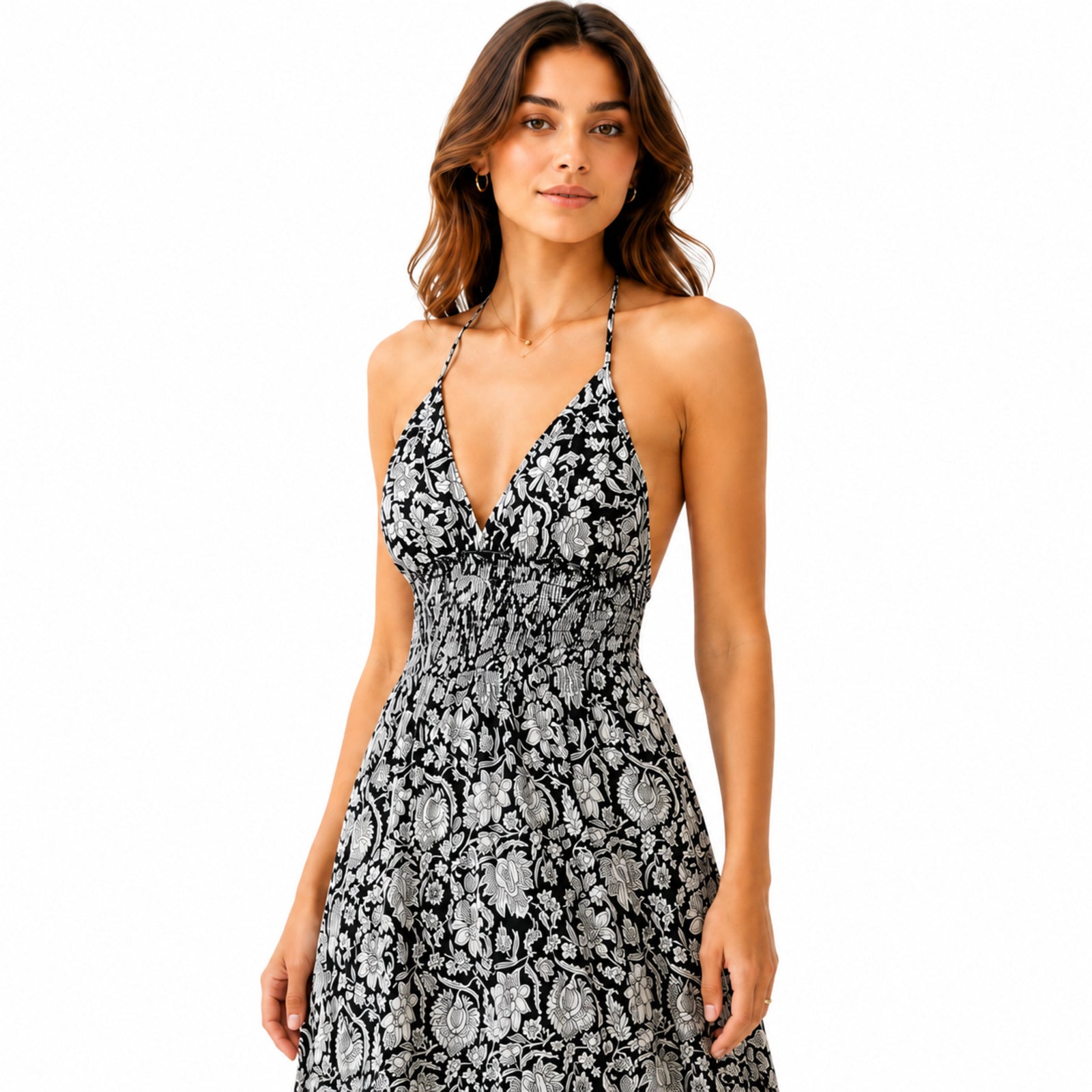 Women's Black Floral Paisley Halter Neck Smocked Maxi Dress | Flowy Resort Wear Dress