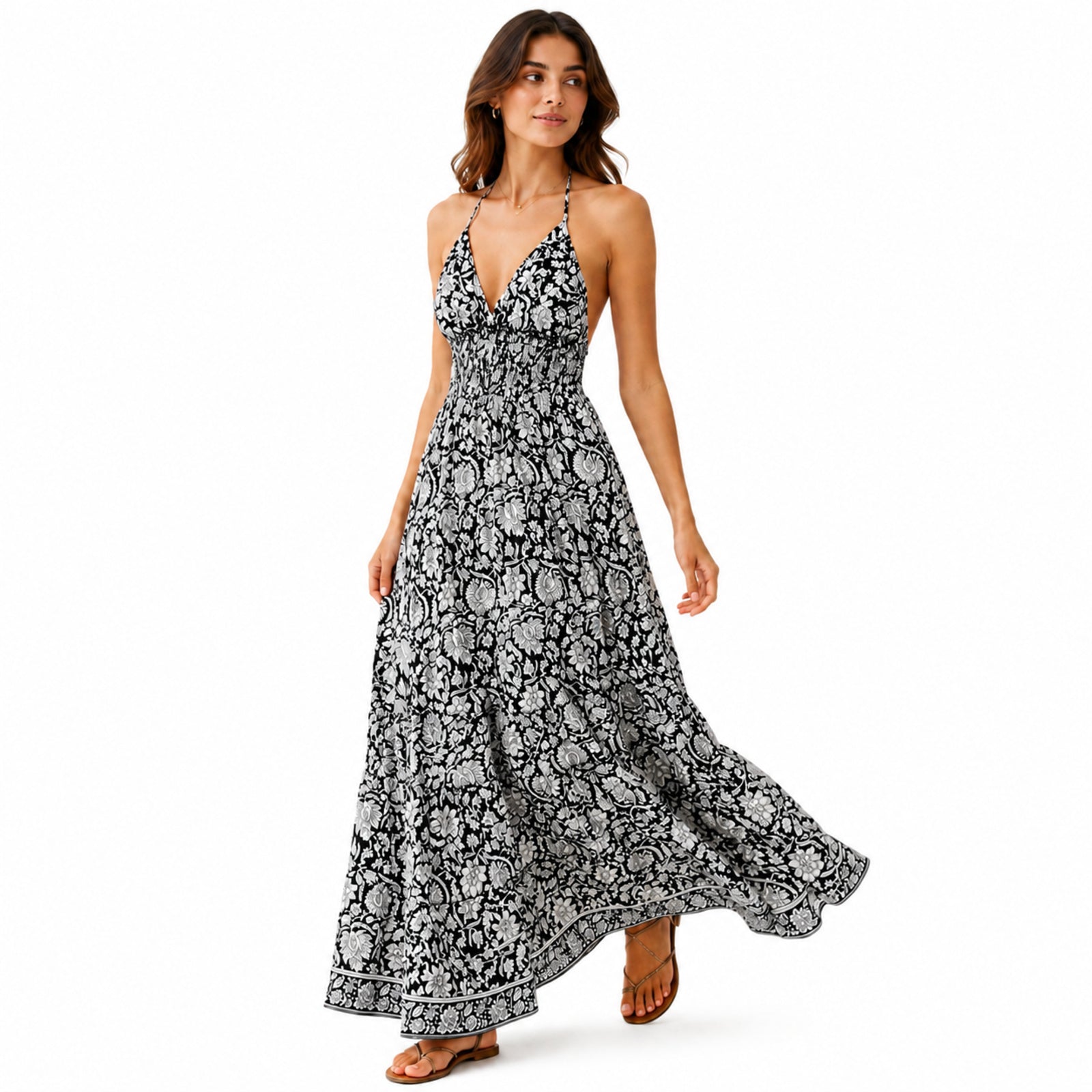 Women's Black Floral Paisley Halter Neck Smocked Maxi Dress | Flowy Resort Wear Dress