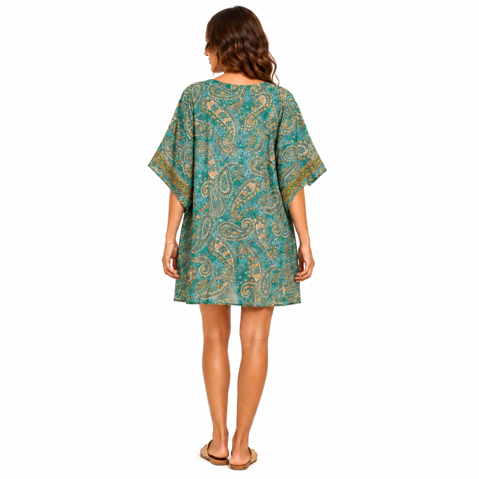 Women's Green Paisley Drawstring Kaftan Mini Dress | Boho Resort Wear Dress