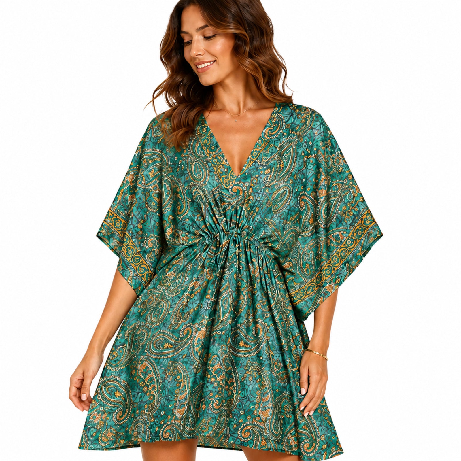 Women's Green Paisley Drawstring Kaftan Mini Dress | Boho Resort Wear Dress