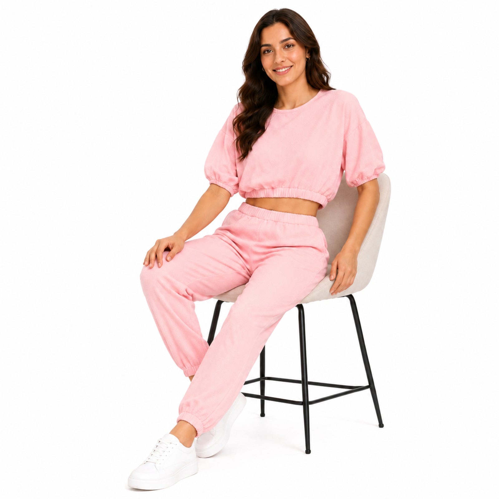 Women's Baby Pink Co-Ord Set | Casual Crop Top & Jogger Lounge Wear Set