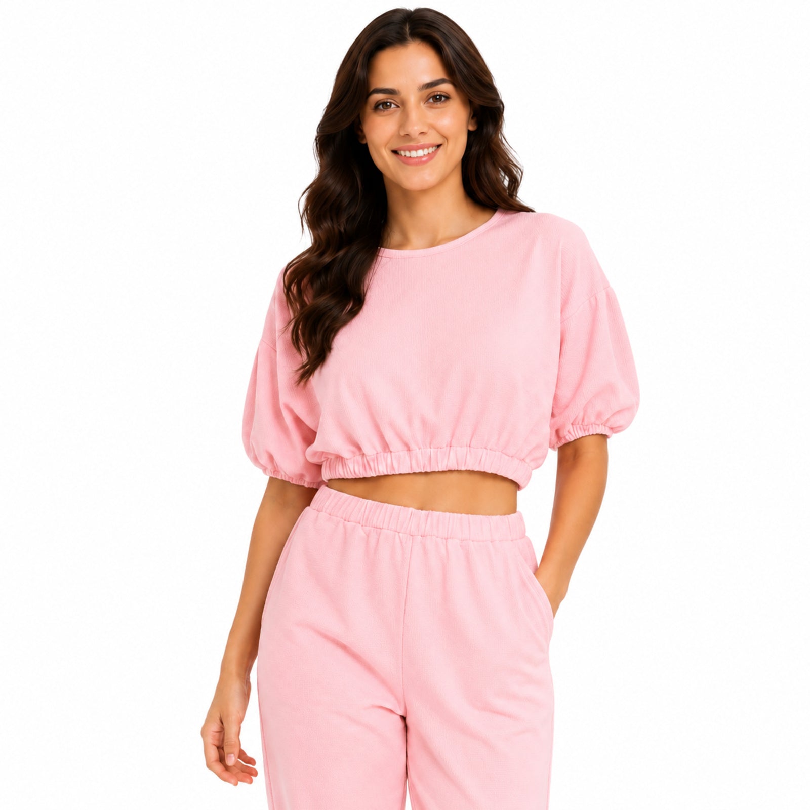 Women's Baby Pink Co-Ord Set | Casual Crop Top & Jogger Lounge Wear Set