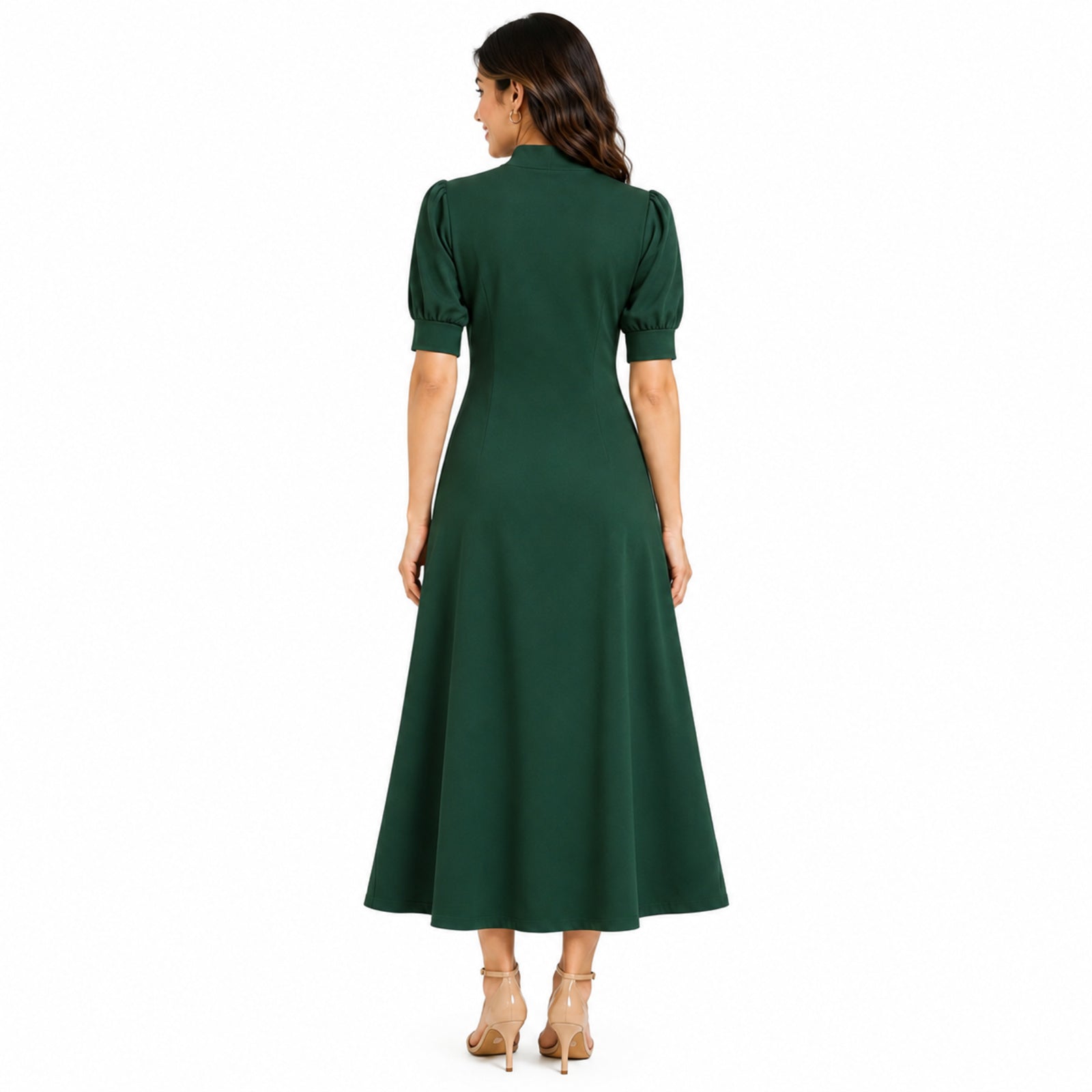 Women's Green Solid Mock Neck Fit & Flare Midi Dress with Puff Sleeves