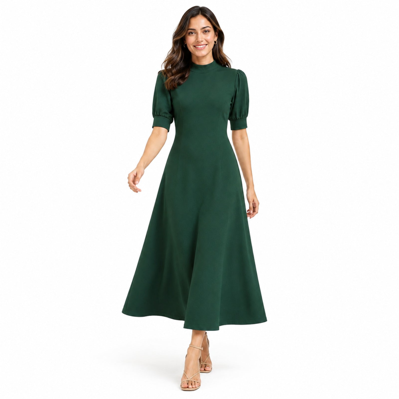 Women's Green Solid Mock Neck Fit & Flare Midi Dress with Puff Sleeves