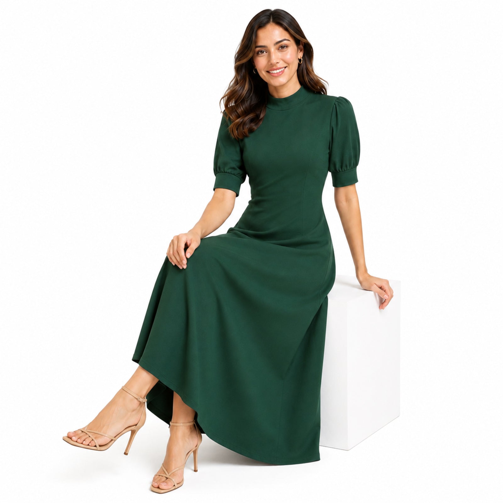 Women's Green Solid Mock Neck Fit & Flare Midi Dress with Puff Sleeves