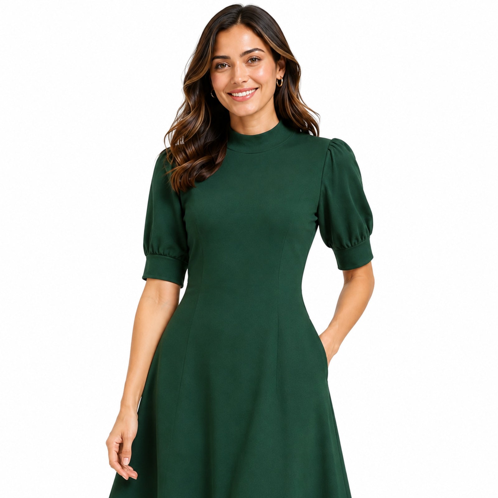 Women's Green Solid Mock Neck Fit & Flare Midi Dress with Puff Sleeves