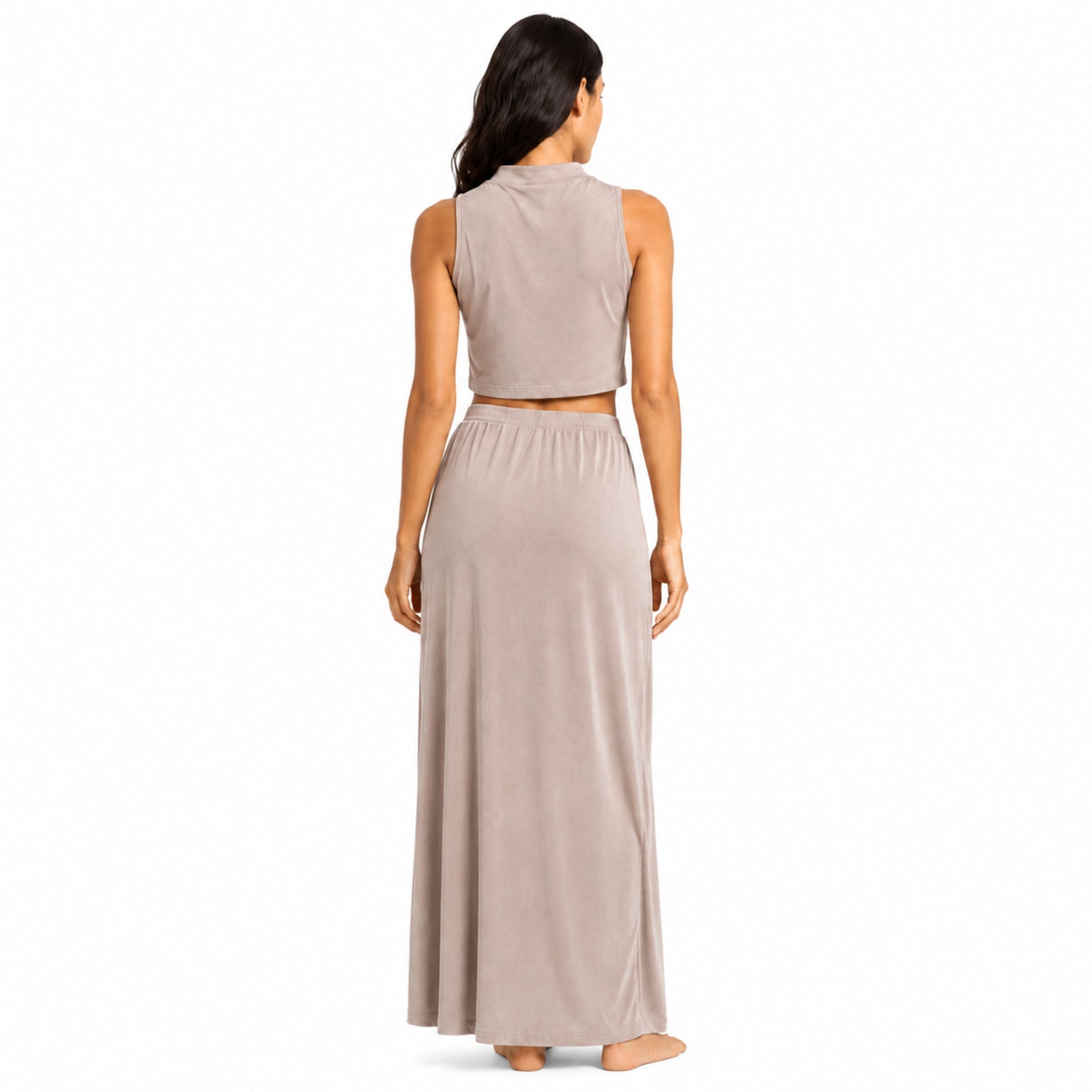Women's Peach Sleeveless Mock Neck Crop Top & Maxi Skirt Co-Ord Set