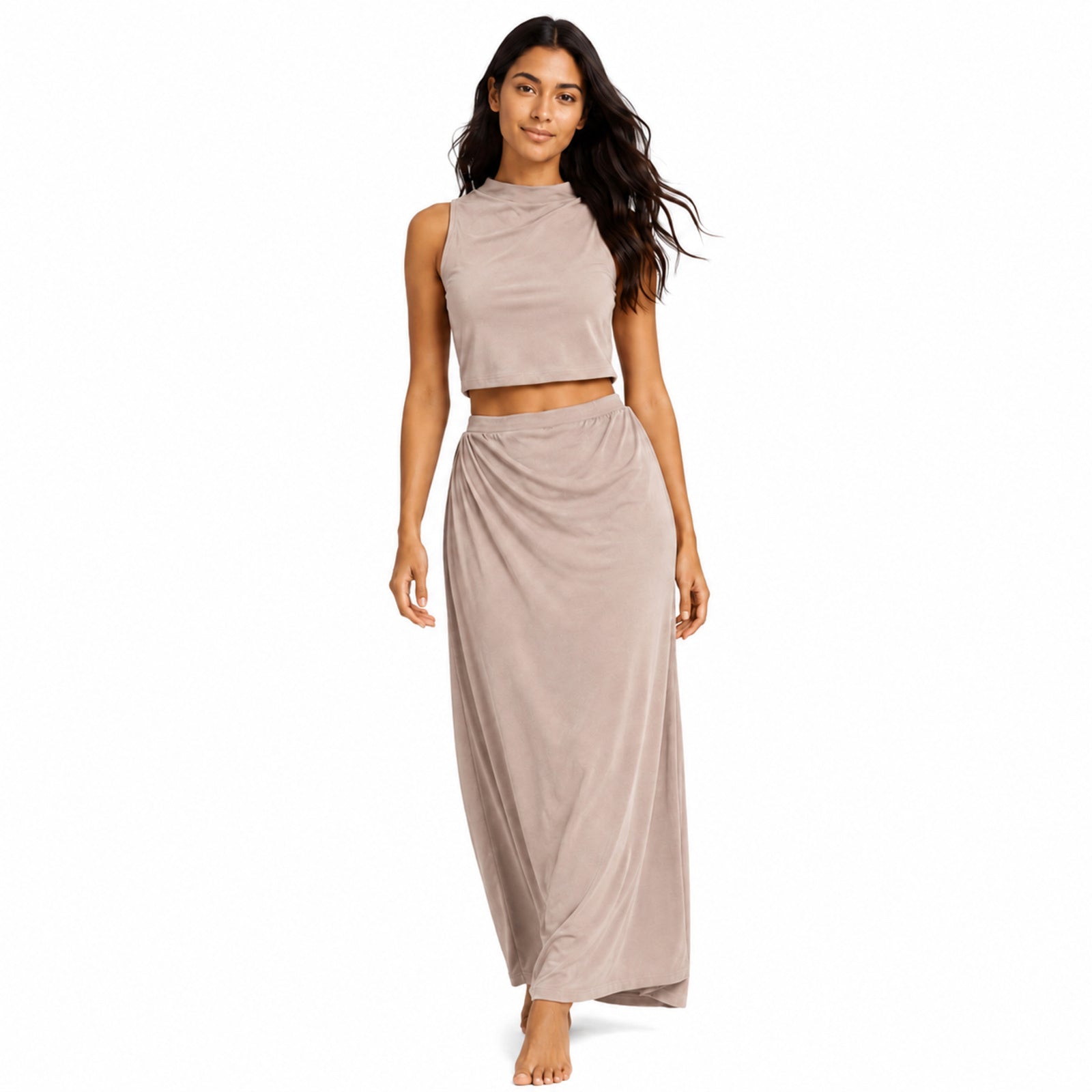 Women's Peach Sleeveless Mock Neck Crop Top & Maxi Skirt Co-Ord Set