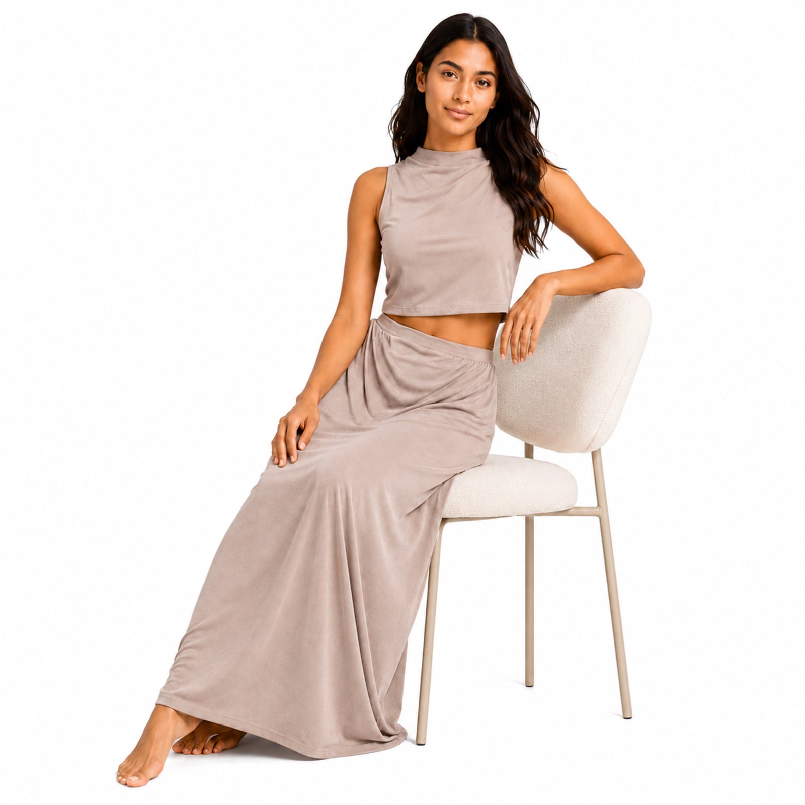 Women's Peach Sleeveless Mock Neck Crop Top & Maxi Skirt Co-Ord Set