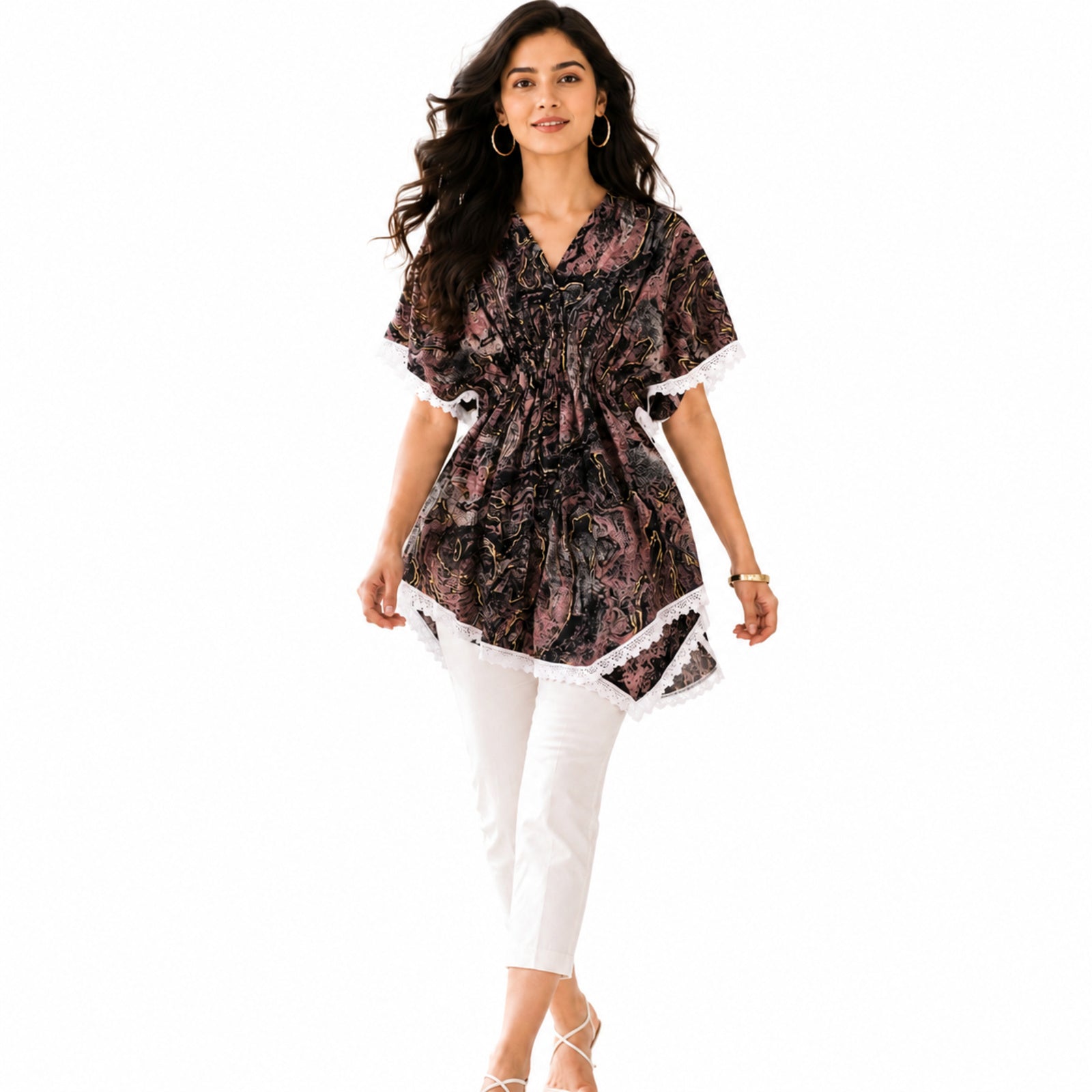 Women's Artistic Marble Print Kaftan Top with Lace Trim