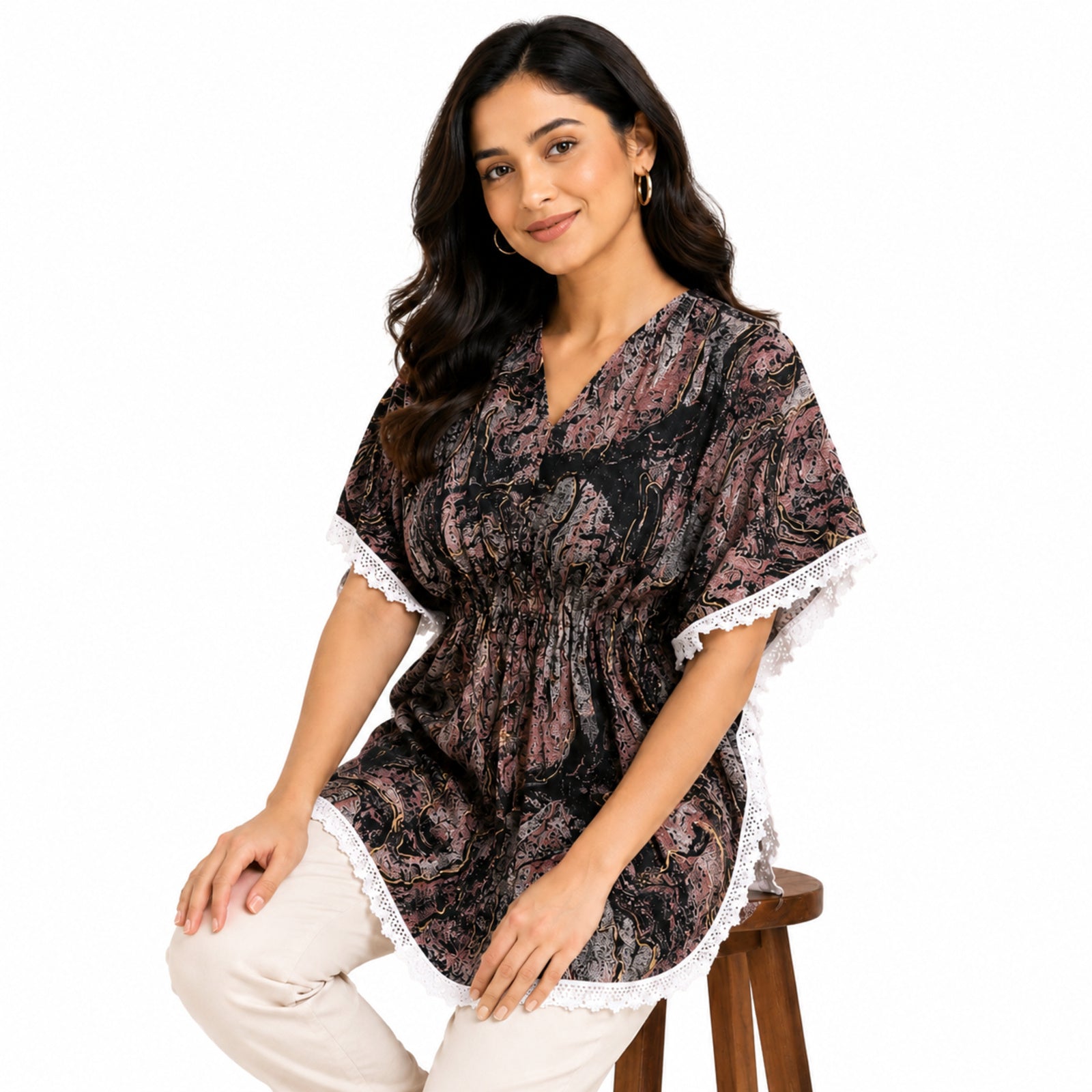 Women's Artistic Marble Print Kaftan Top with Lace Trim