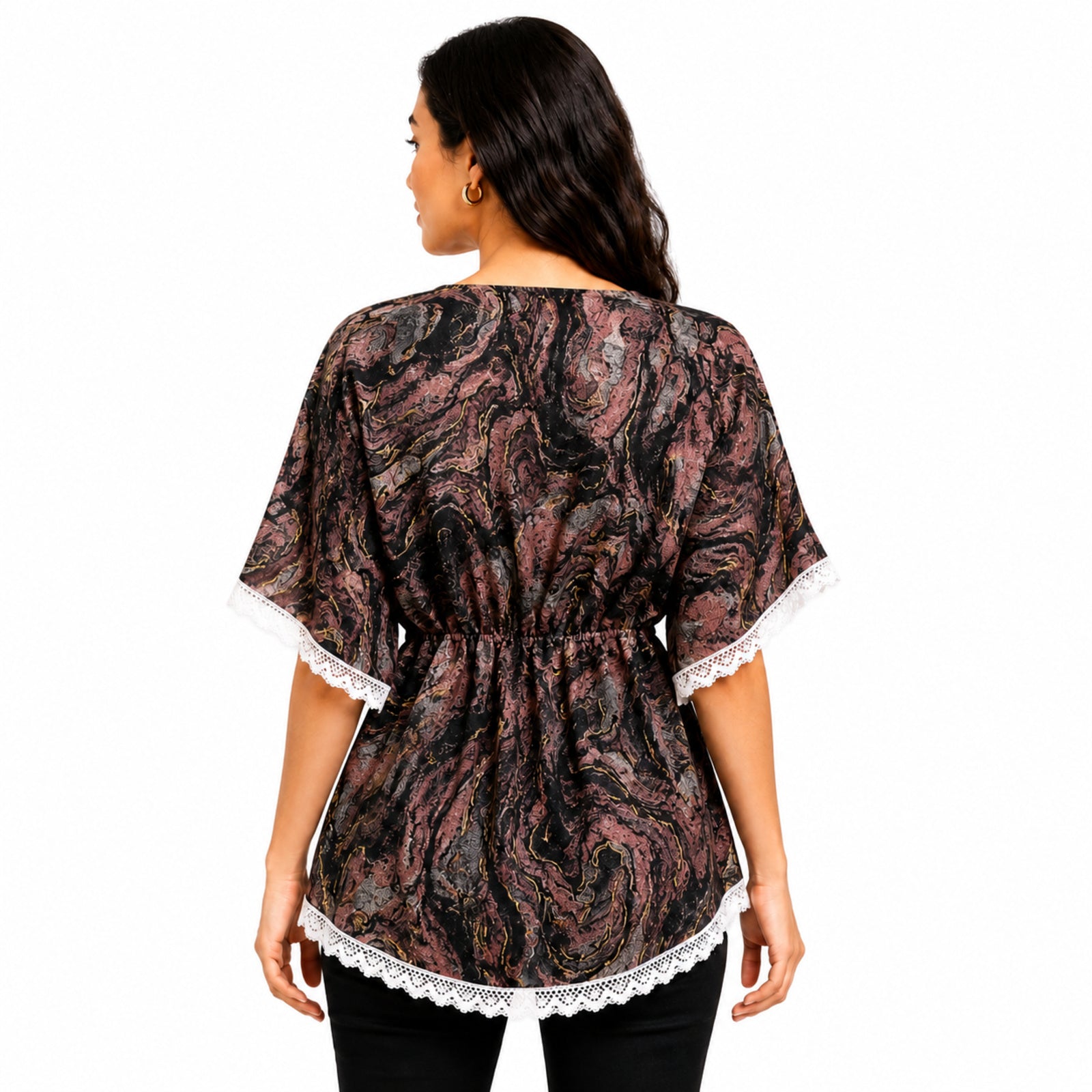 Women's Artistic Marble Print Kaftan Top with Lace Trim