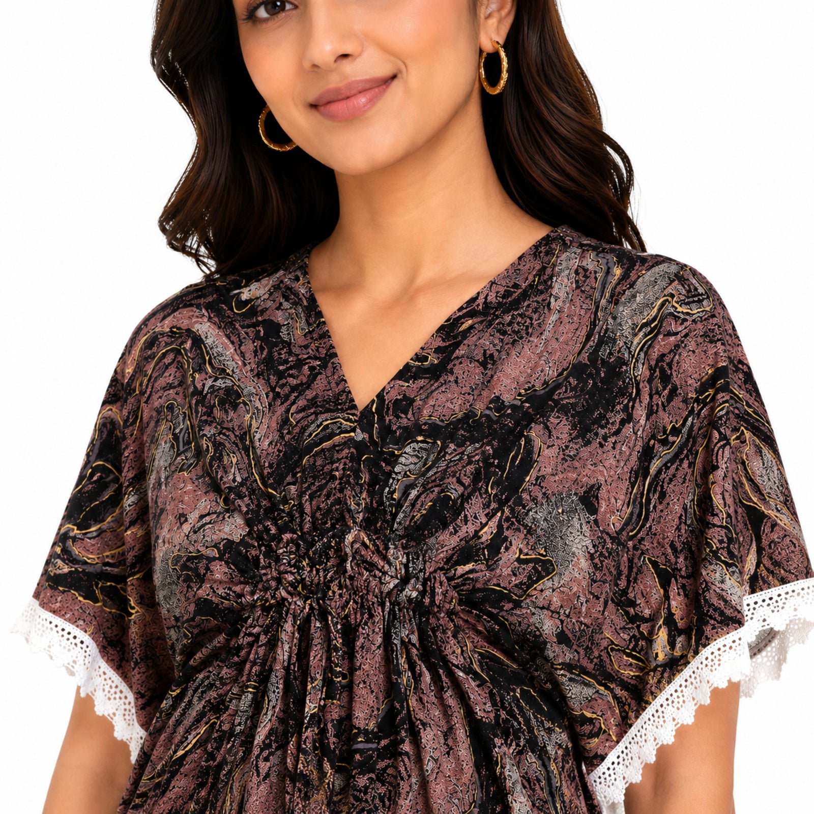 Women's Artistic Marble Print Kaftan Top with Lace Trim
