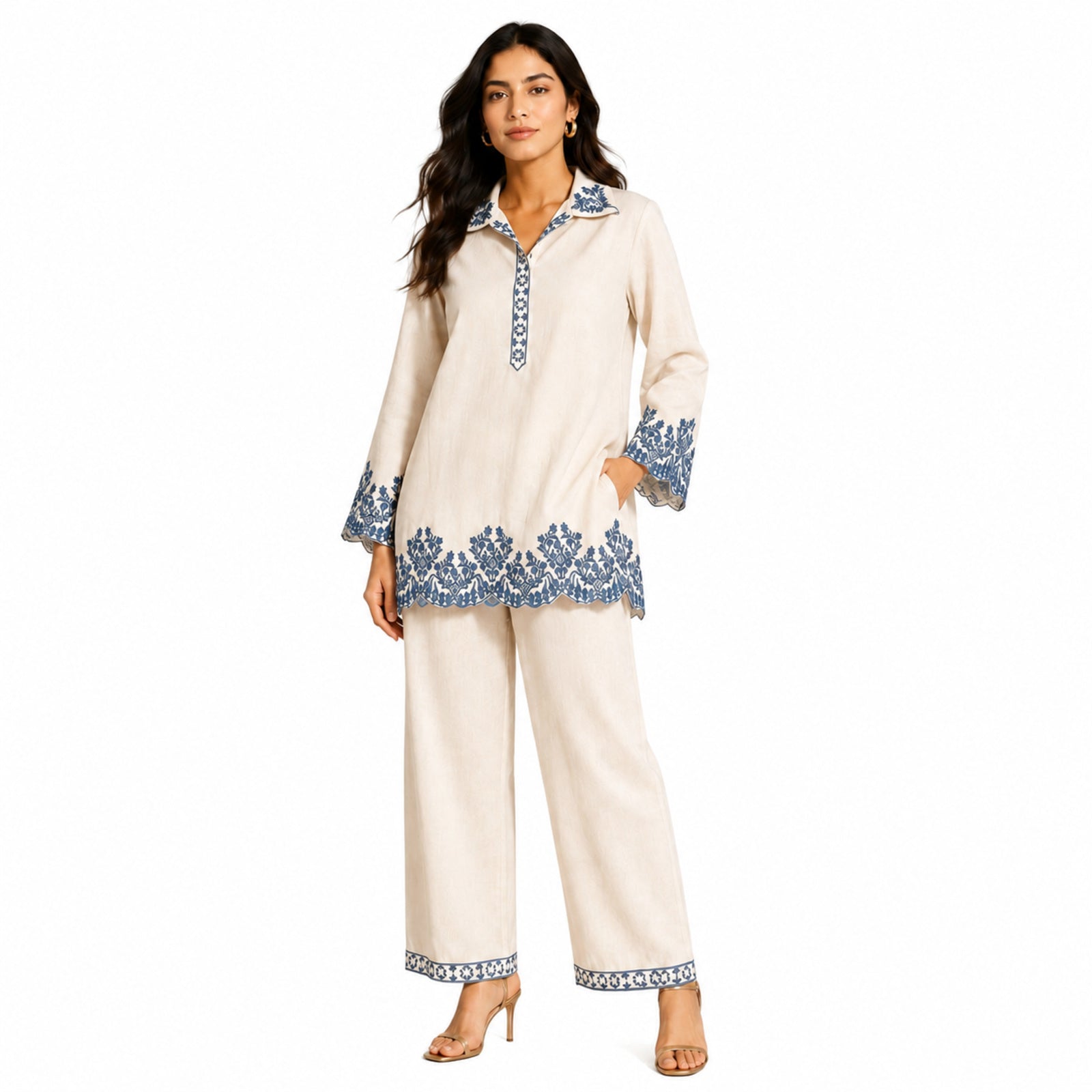 Women's Off-White Floral Embroidered Collared Kurta and Pants Co-ord Set
