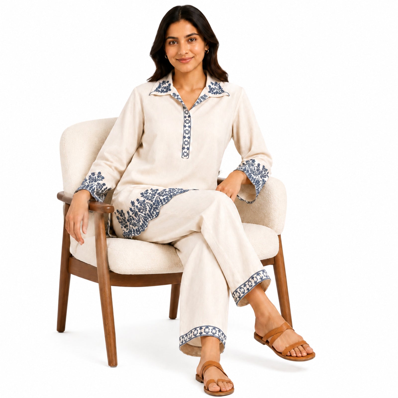 Women's Off-White Floral Embroidered Collared Kurta and Pants Co-ord Set