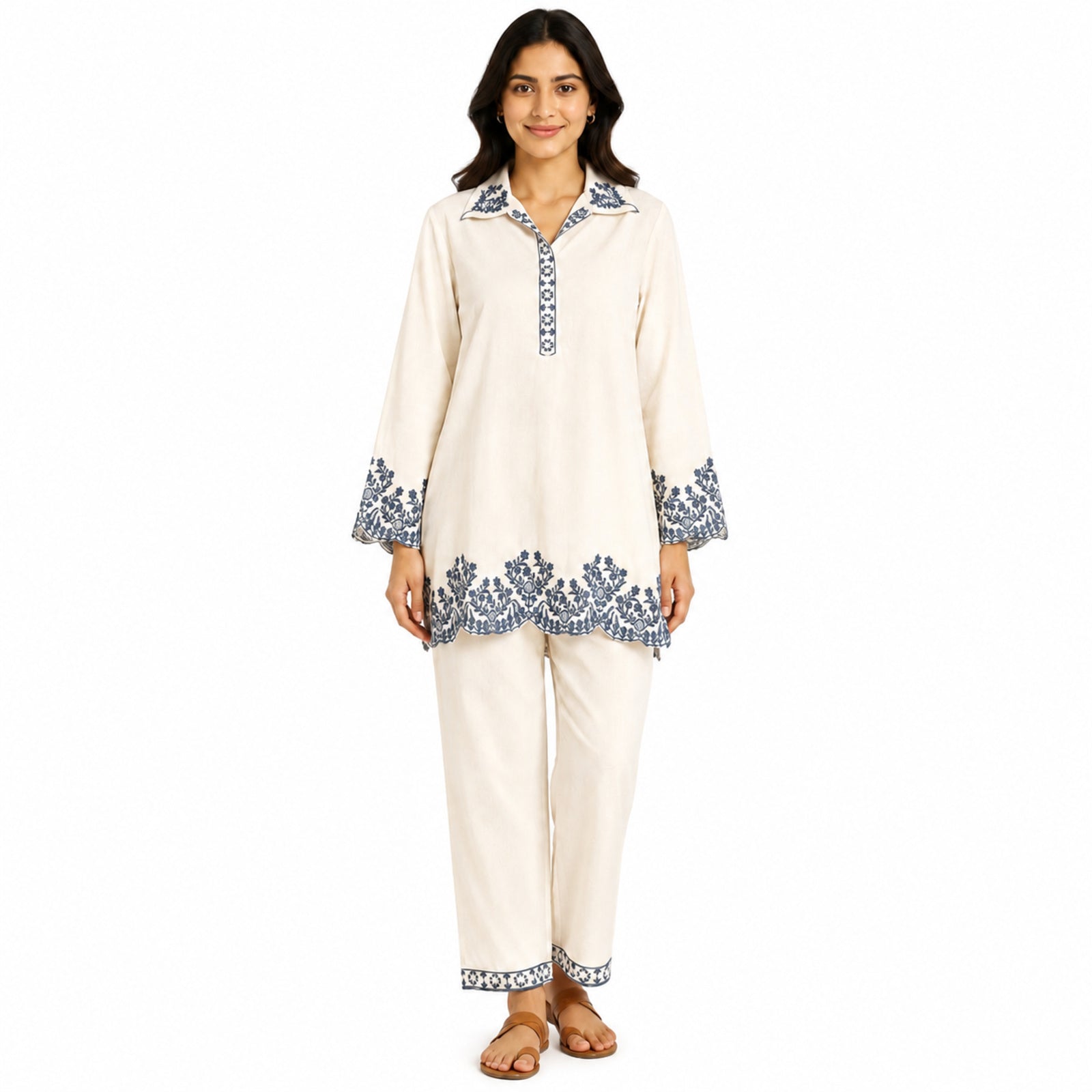 Women's Off-White Floral Embroidered Collared Kurta and Pants Co-ord Set