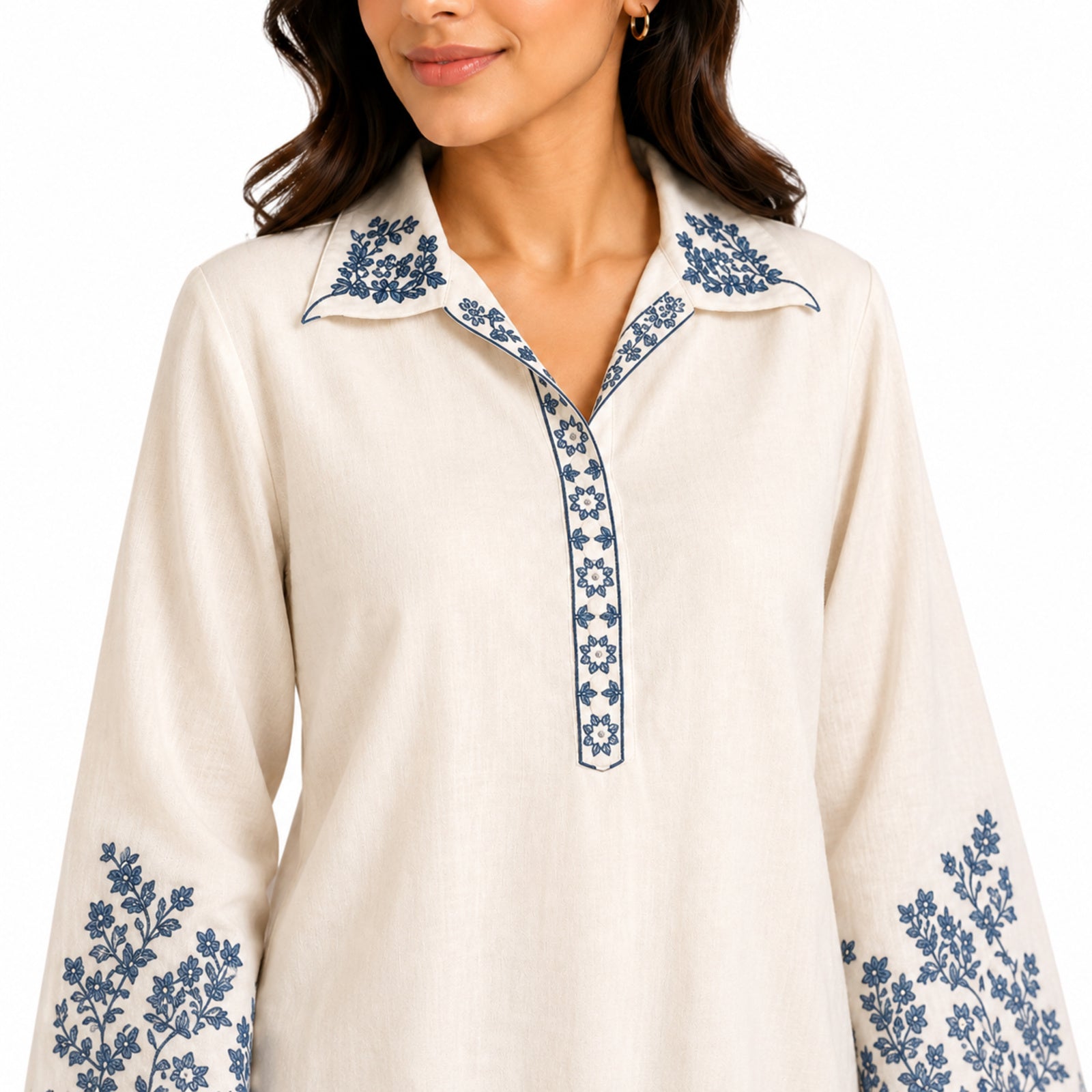 Women's Off-White Floral Embroidered Collared Kurta and Pants Co-ord Set