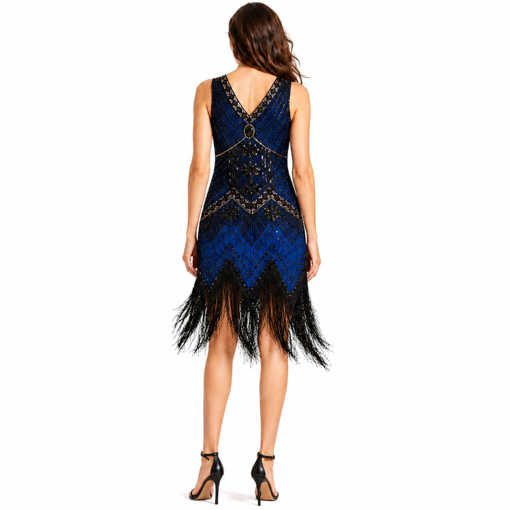 Women's Blue Art Deco Embellished Fringe Hem Sleeveless Mini Dress | Gatsby Party Wear Dress