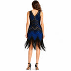 Women's Blue Art Deco Embellished Fringe Hem Sleeveless Mini Dress | Gatsby Party Wear Dress