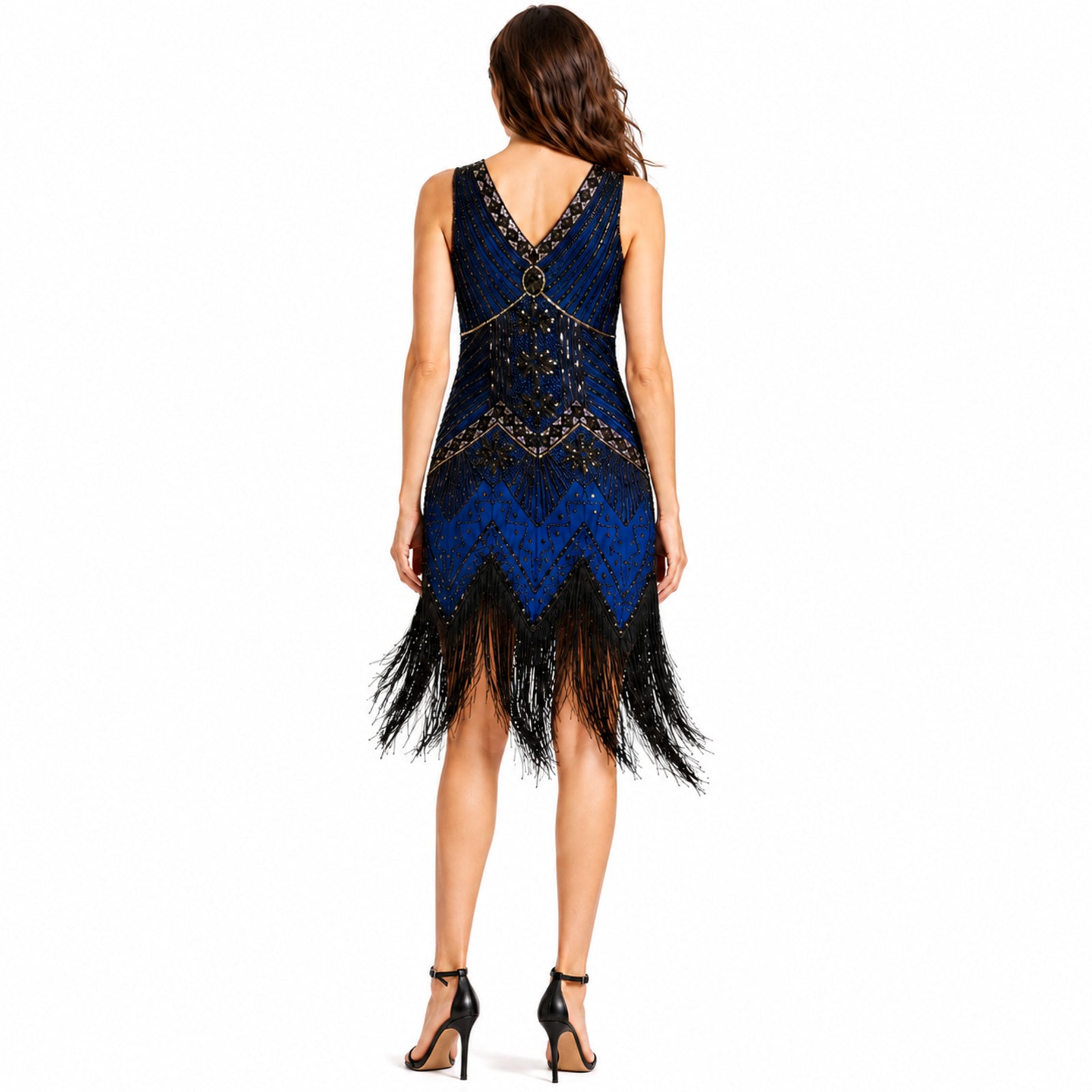 Women's Blue Art Deco Embellished Fringe Hem Sleeveless Mini Dress | Gatsby Party Wear Dress