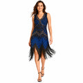 Women's Blue Art Deco Embellished Fringe Hem Sleeveless Mini Dress | Gatsby Party Wear Dress
