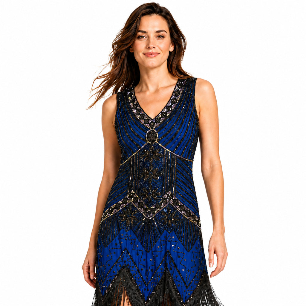 Women's Blue Art Deco Embellished Fringe Hem Sleeveless Mini Dress | Gatsby Party Wear Dress
