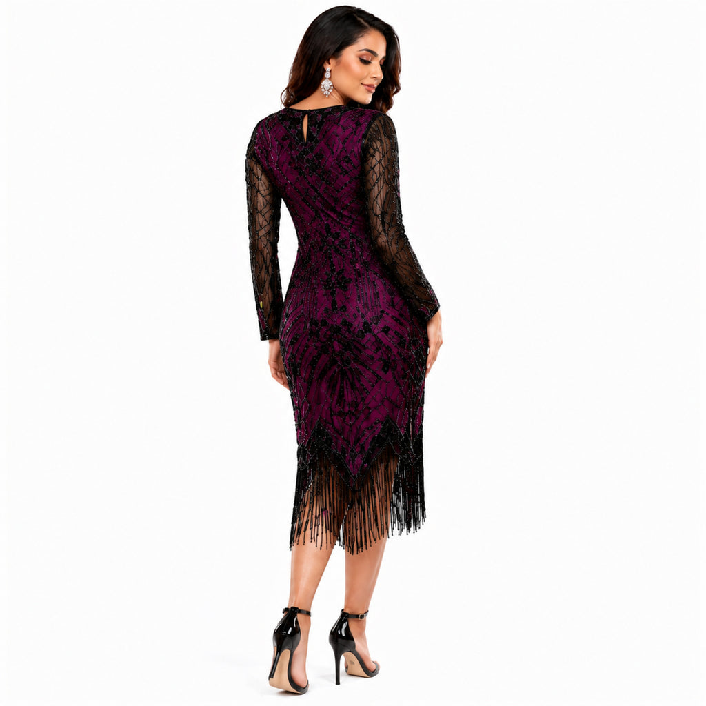 Midnight Berry Embellished Fringe Cocktail Dress