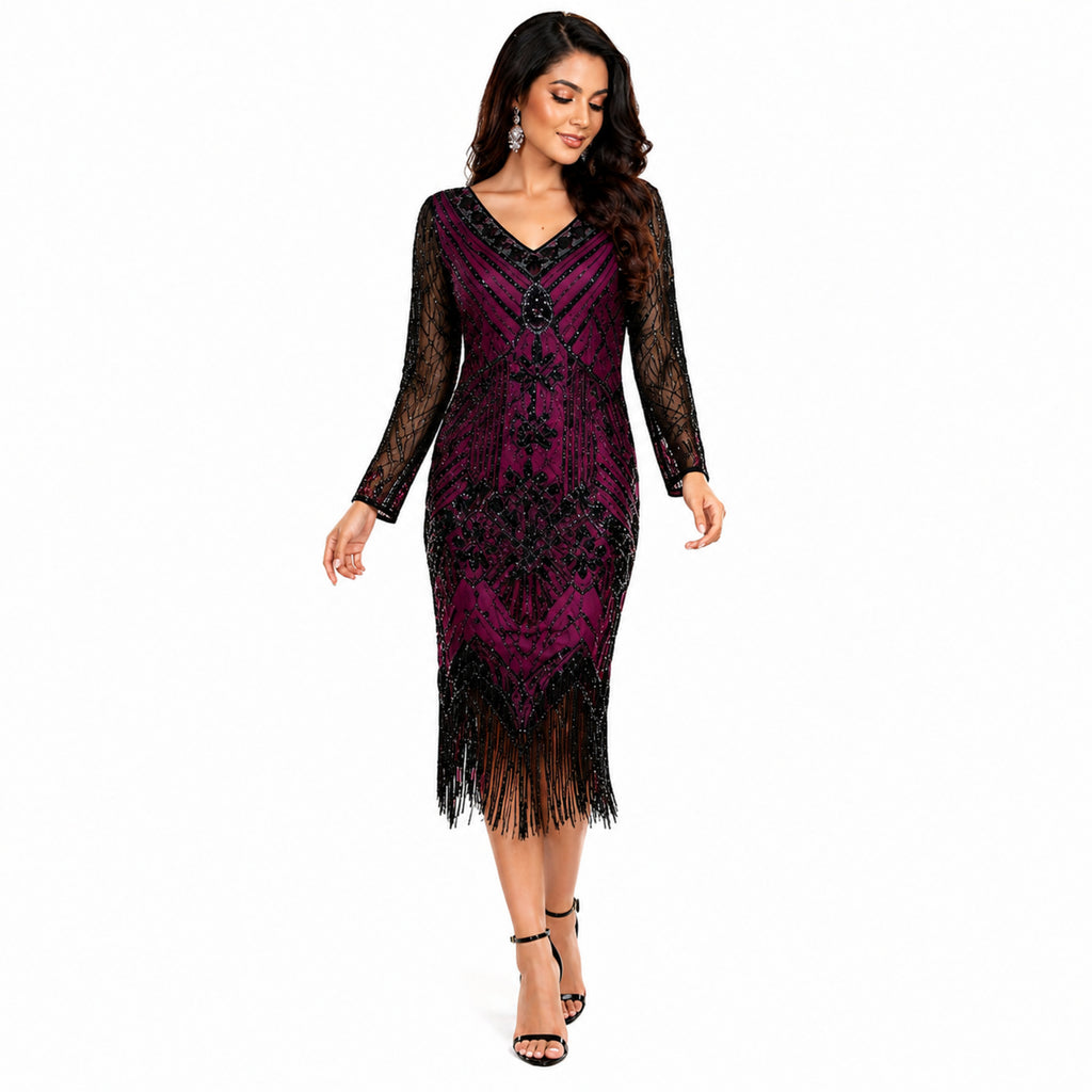 Midnight Berry Embellished Fringe Cocktail Dress