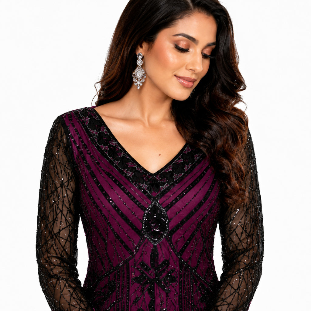 Midnight Berry Embellished Fringe Cocktail Dress