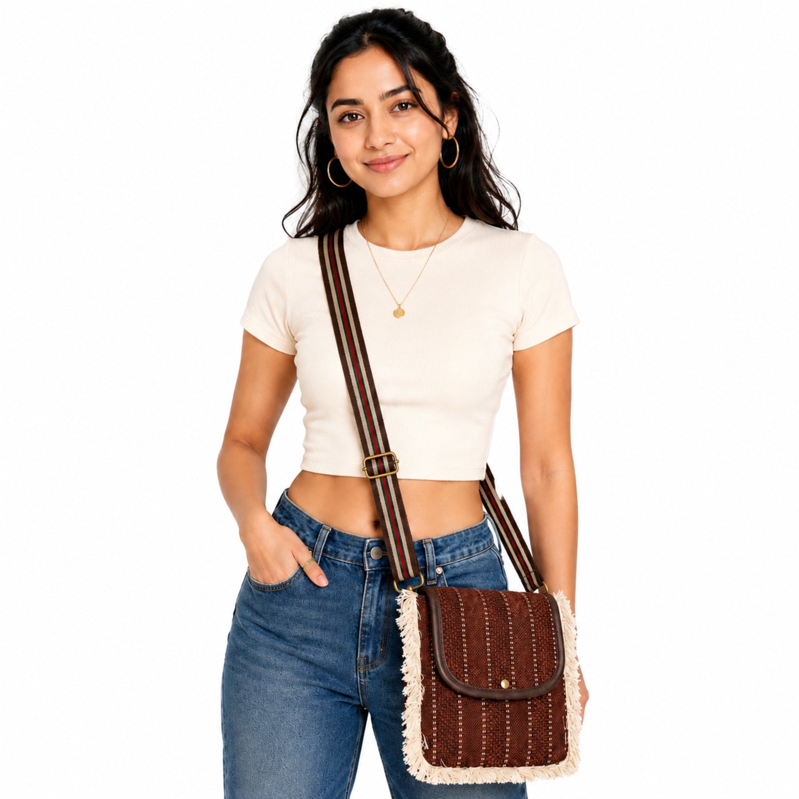 Women's Red Textured Fringe Crossbody Sling Bag with Adjustable Strap