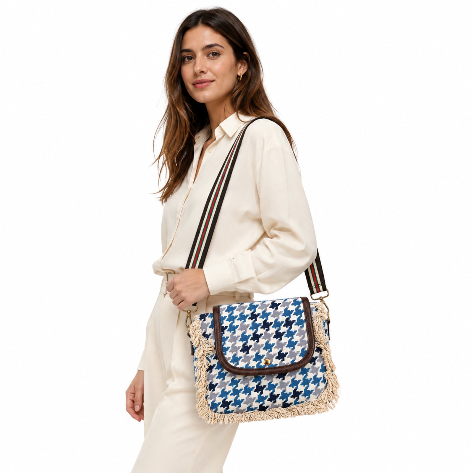 Women's Blue Houndstooth Print Fringe Crossbody Sling Bag with Adjustable Strap