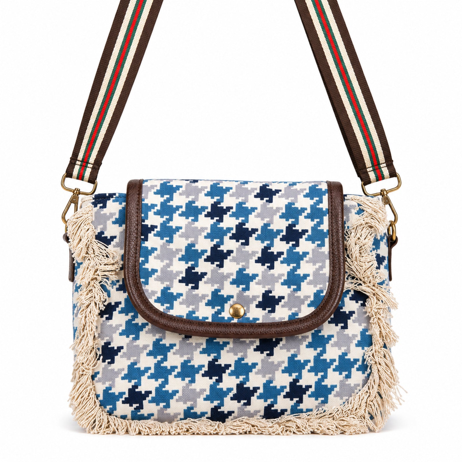 Women's Blue Houndstooth Print Fringe Crossbody Sling Bag with Adjustable Strap