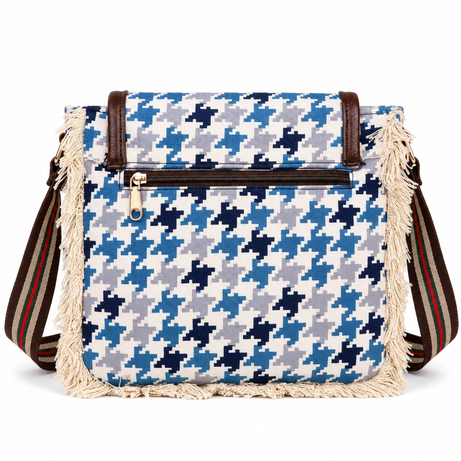 Women's Blue Houndstooth Print Fringe Crossbody Sling Bag with Adjustable Strap