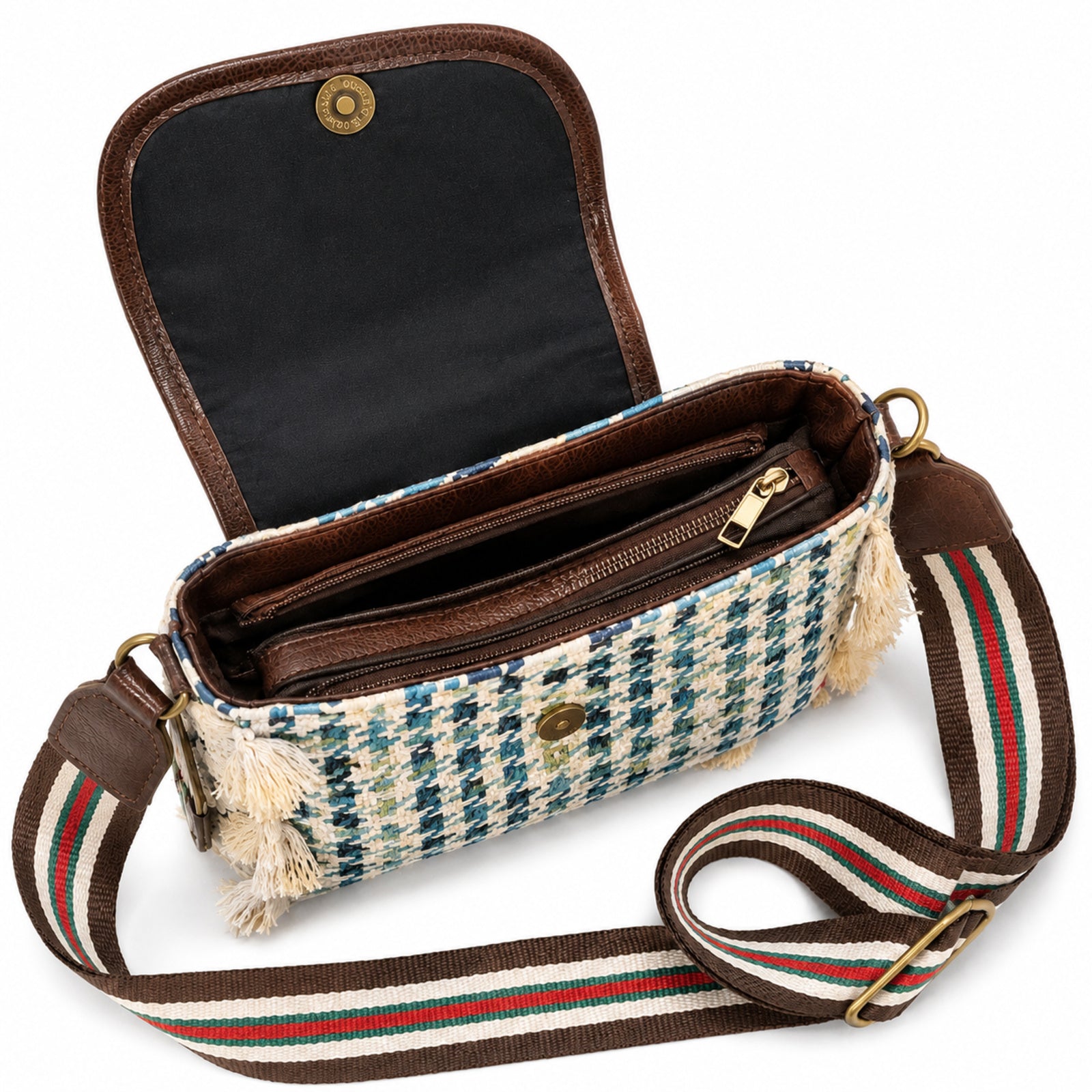 Women's Blue Houndstooth Print Fringe Crossbody Sling Bag with Adjustable Strap