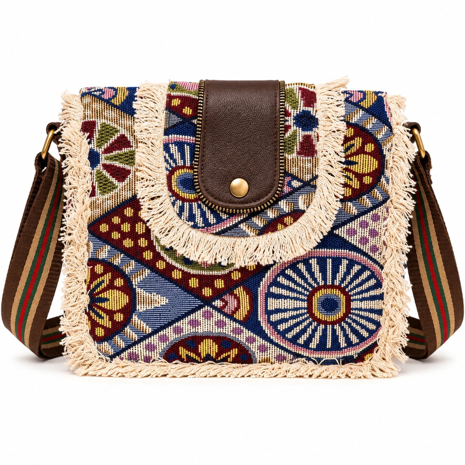 Women's Blue Bohemian Print Fringe Crossbody Sling Bag with Adjustable Strap