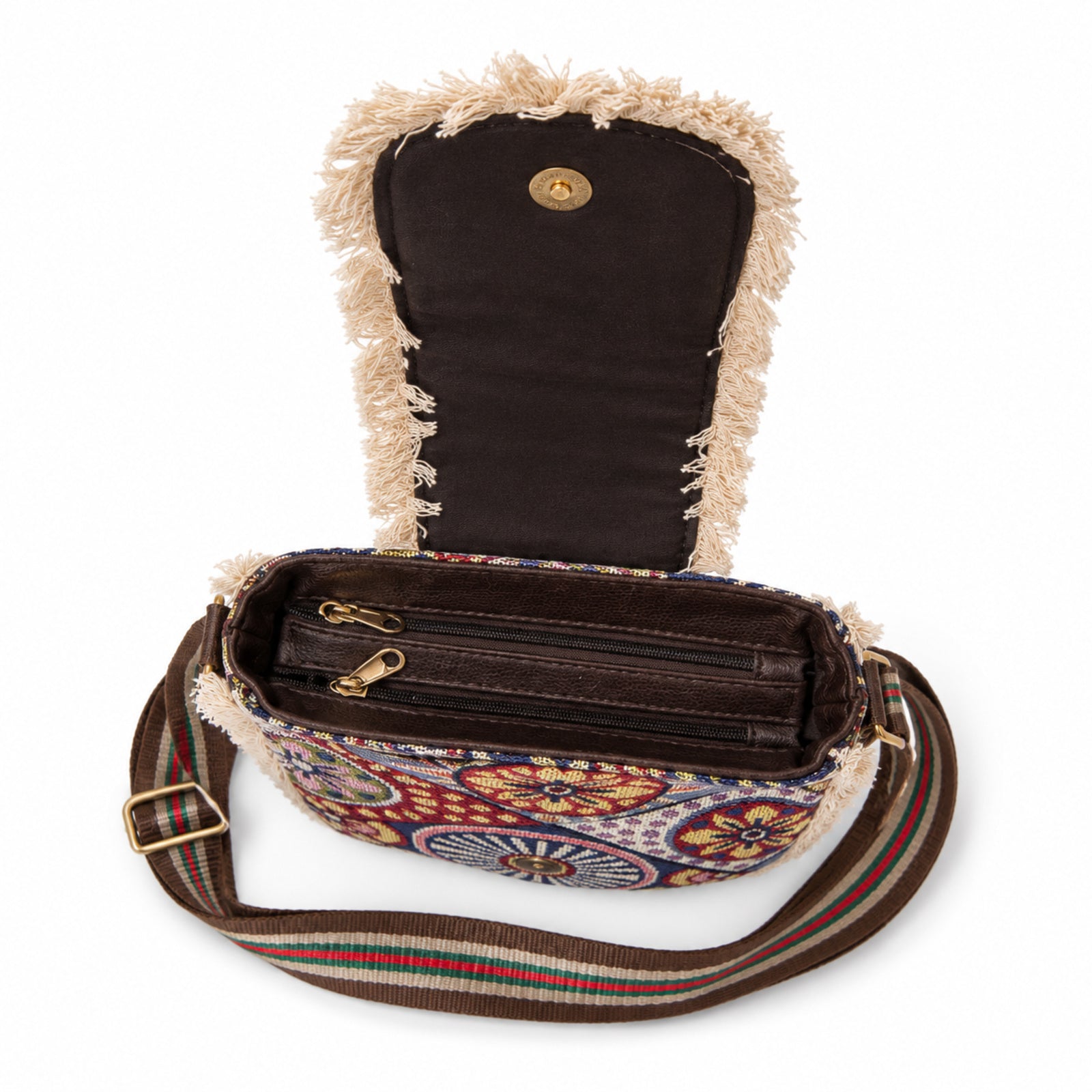 Women's Blue Bohemian Print Fringe Crossbody Sling Bag with Adjustable Strap