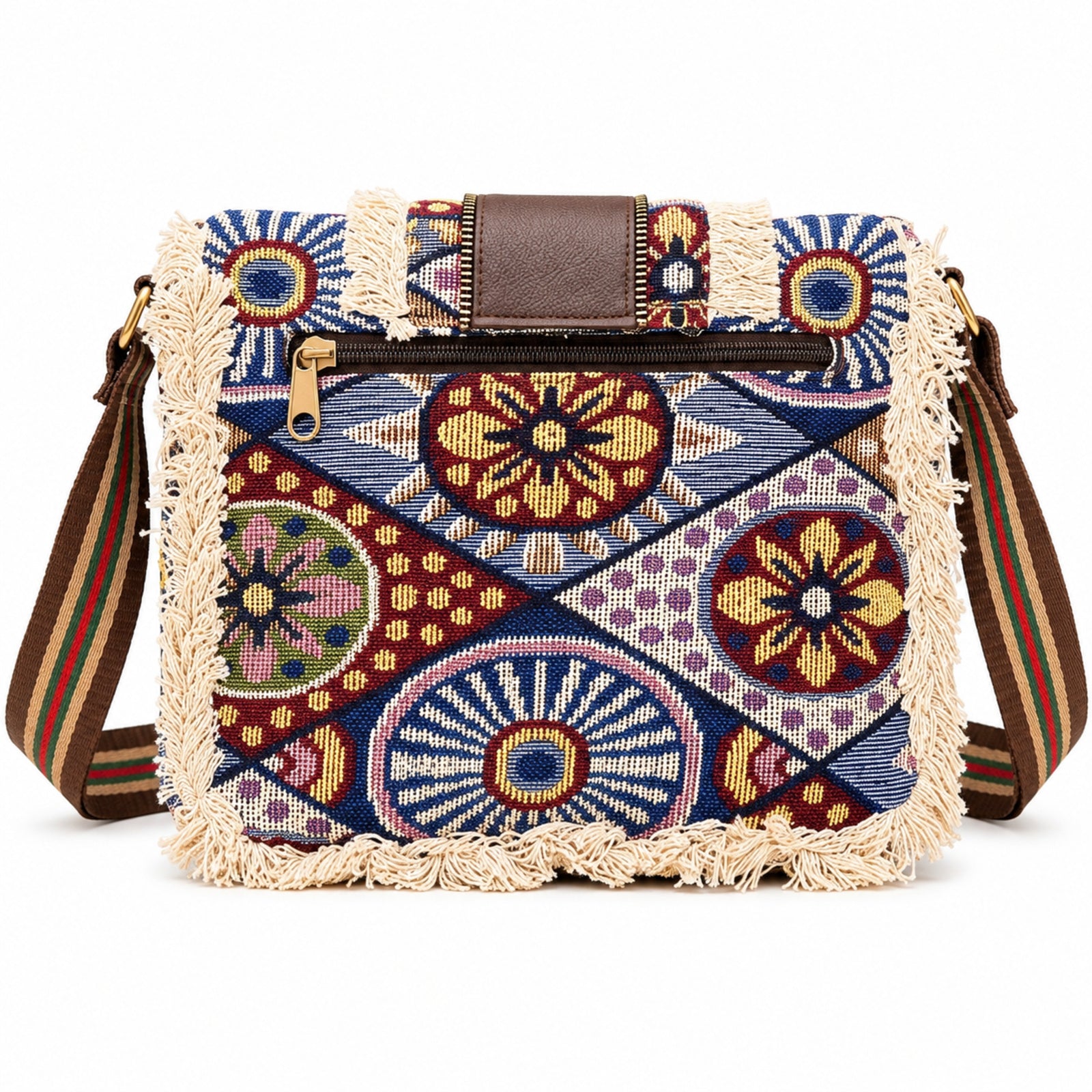 Women's Blue Bohemian Print Fringe Crossbody Sling Bag with Adjustable Strap