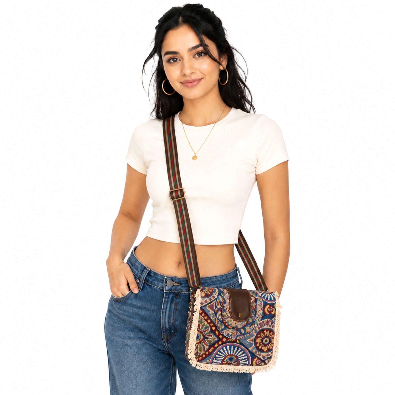 Women's Blue Bohemian Print Fringe Crossbody Sling Bag with Adjustable Strap