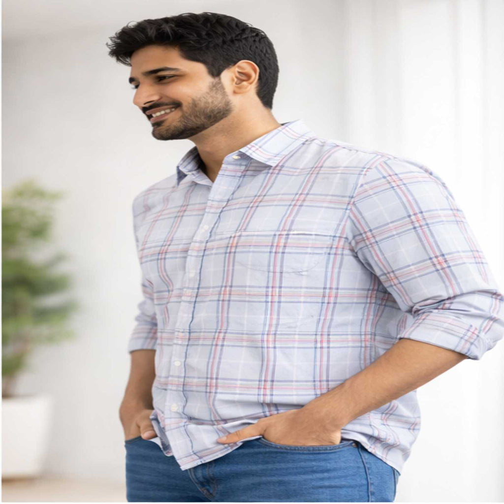 Sky Blue Grid Check Casual Shirt-4
