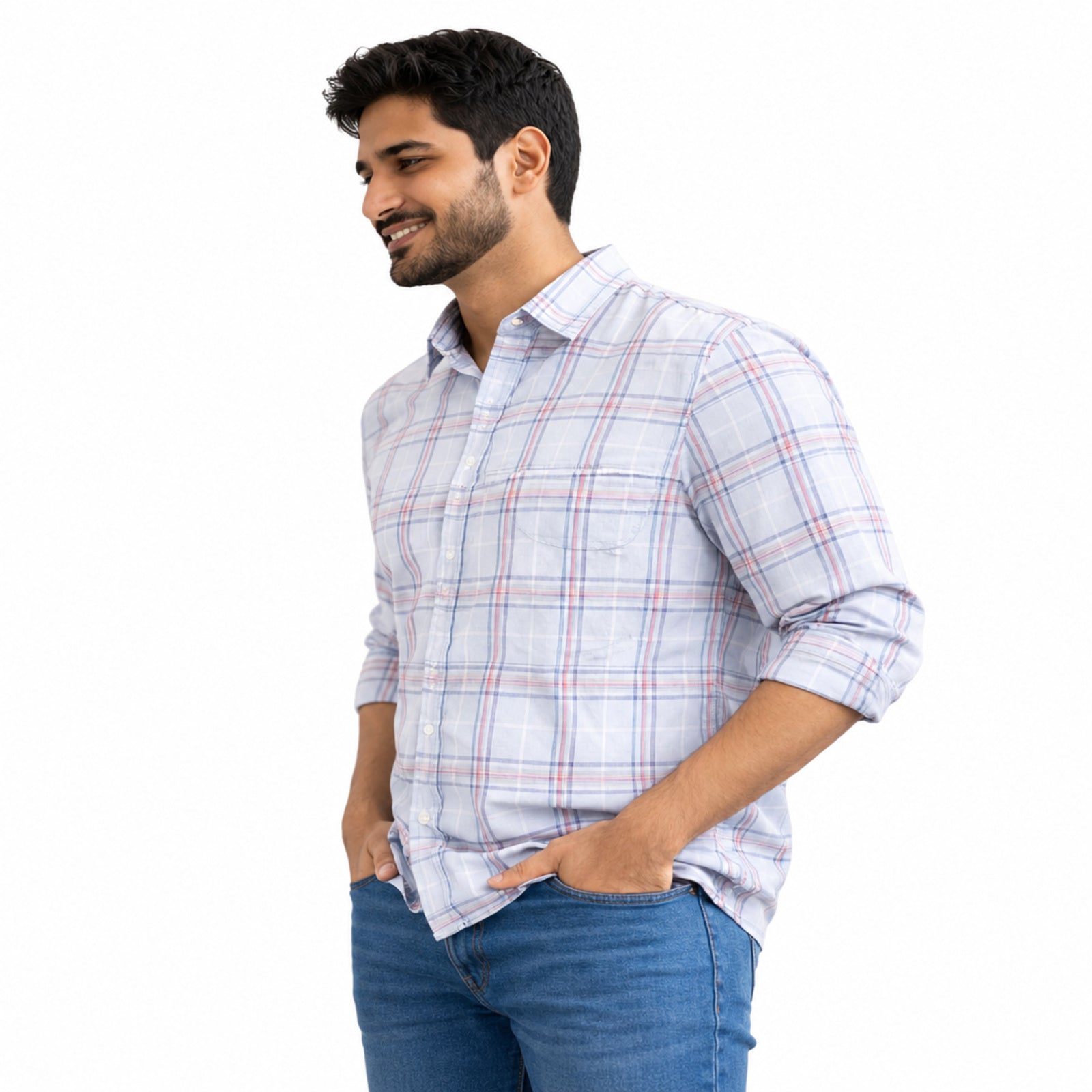 Sky Blue Grid Check Casual Shirt