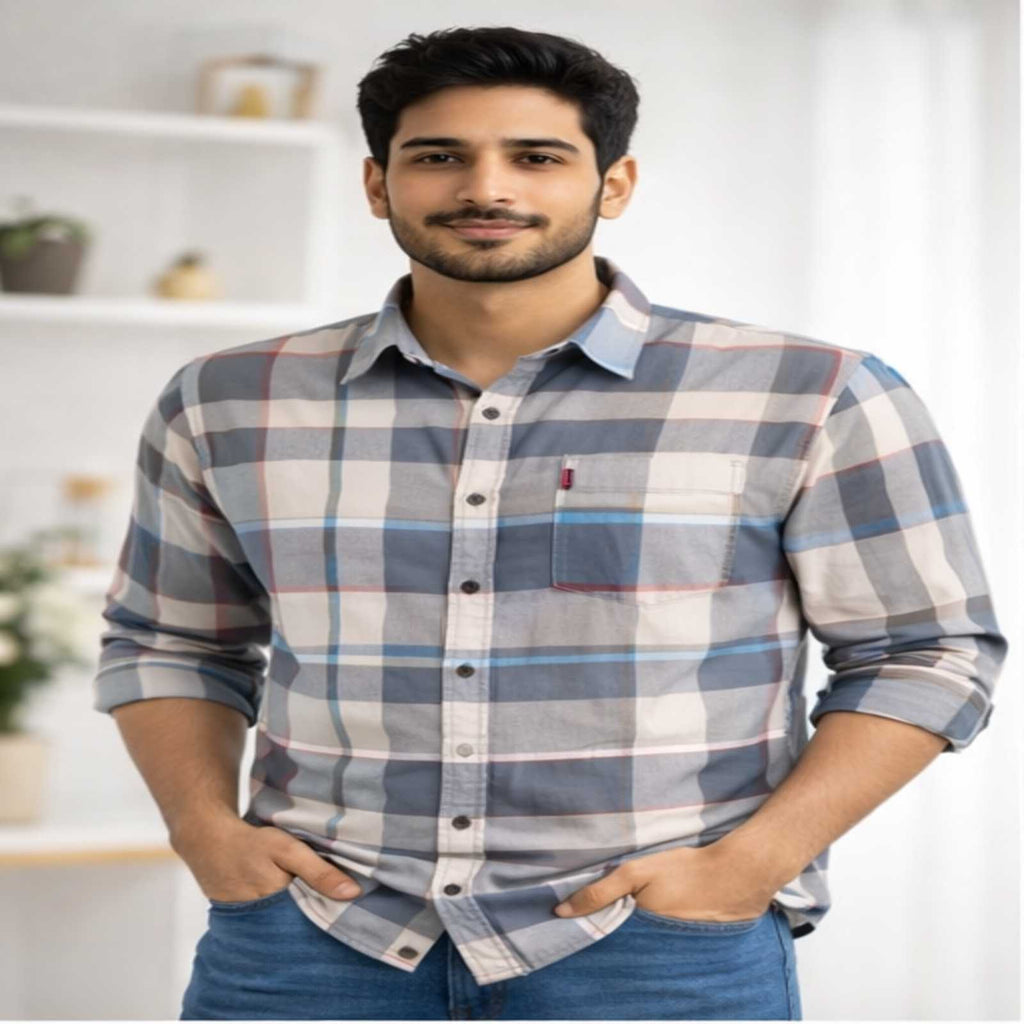 Soft Blue Grey Plaid Casual Shirt-1