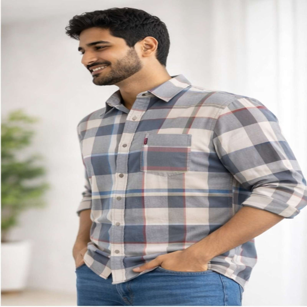 Soft Blue Grey Plaid Casual Shirt-4