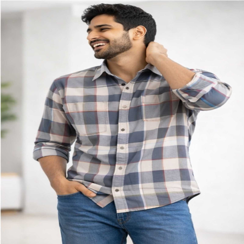 Soft Blue Grey Plaid Casual Shirt-3