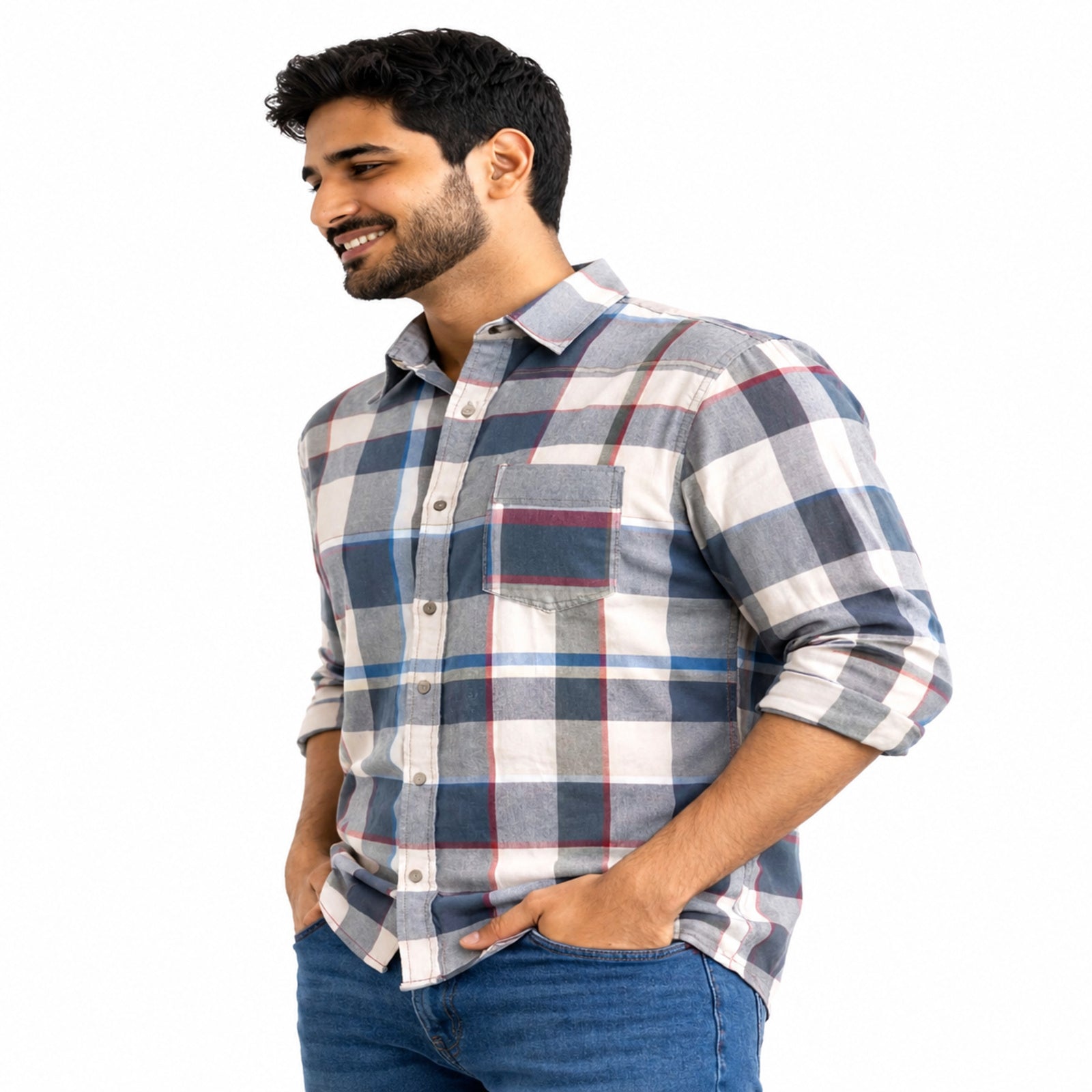 Soft Blue Grey Plaid Casual Shirt